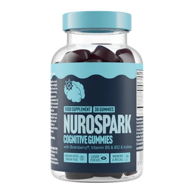 Front-facing Nurospark bottle showing Cognitive Gummies label
